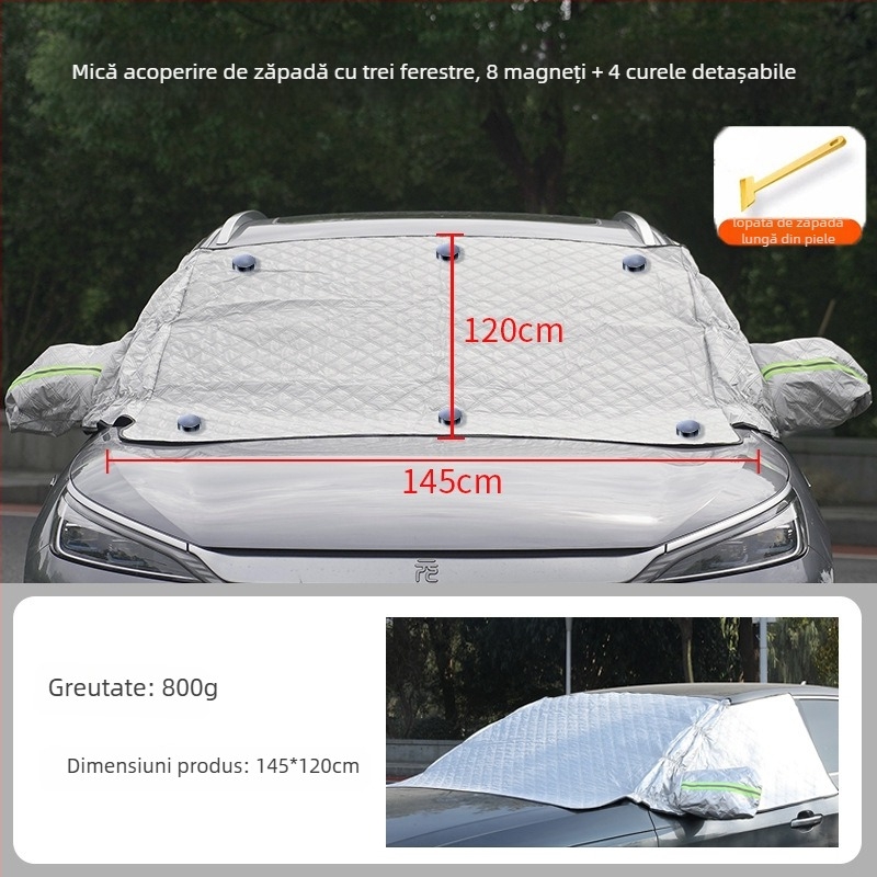 Protecție pentru parbriz auto împotriva zăpezii iarna – folie de aluminiu îndurată; montaj cu clipsuri; potrivit pentru modele generale; partea din față; stil simplu