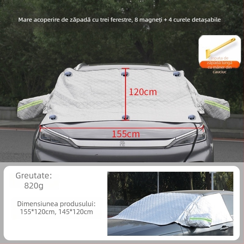 Protecție pentru parbriz auto împotriva zăpezii iarna – folie de aluminiu îndurată; montaj cu clipsuri; potrivit pentru modele generale; partea din față; stil simplu