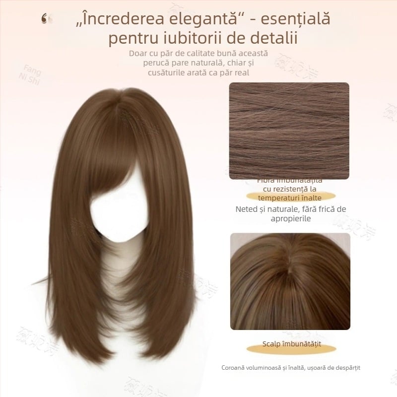 Perucă pentru păr lung drept, breton lateral – Model X-129 – Fibre termorezistente – Mecanism