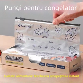 Pungi cu folie de aluminiu, uz alimentar, sigilate cu fermoar, pentru frigider și congelare, pentru carne și legume, rezistente de la -60°C la 100°C