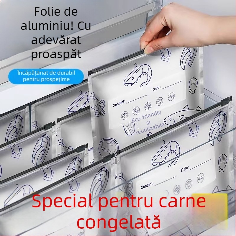 Pungi cu folie de aluminiu, uz alimentar, sigilate cu fermoar, pentru frigider și congelare, pentru carne și legume, rezistente de la -60°C la 100°C