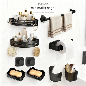 Set de depozitare pentru baie din plastic, stil modern minimalist, finisaj prin injecție, 4 piese sau mai multe, include suport pentru prosoape, cârlige și raft triunghiular