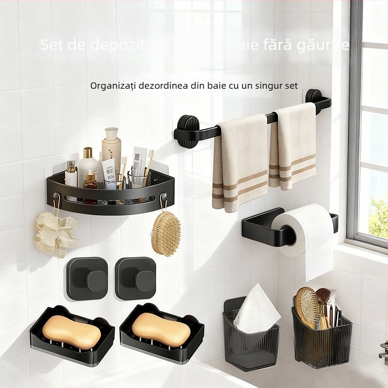 Set de depozitare pentru baie din plastic, stil modern minimalist, finisaj prin injecție, 4 piese sau mai multe, include suport pentru prosoape, cârlige și raft triunghiular