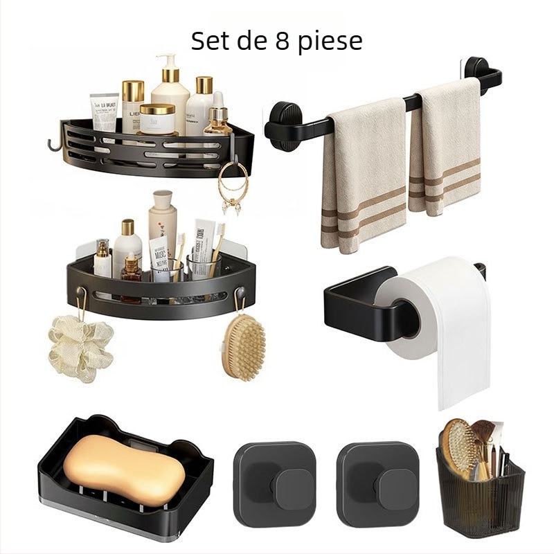 Set de depozitare pentru baie din plastic, stil modern minimalist, finisaj prin injecție, 4 piese sau mai multe, include suport pentru prosoape, cârlige și raft triunghiular