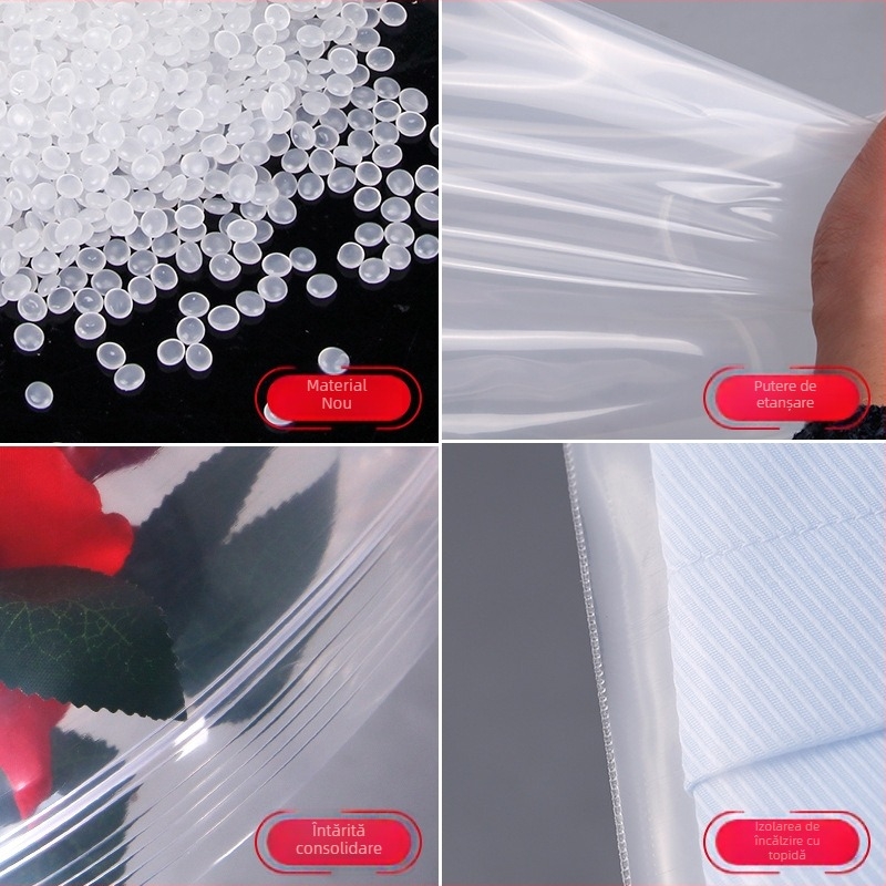 Pungă transparentă impermeabilă pentru ambalarea hainelor, cu sigilare automată, lungimea sigiliului 1,5 cm, toleranță 1–3 mm, din material nou.