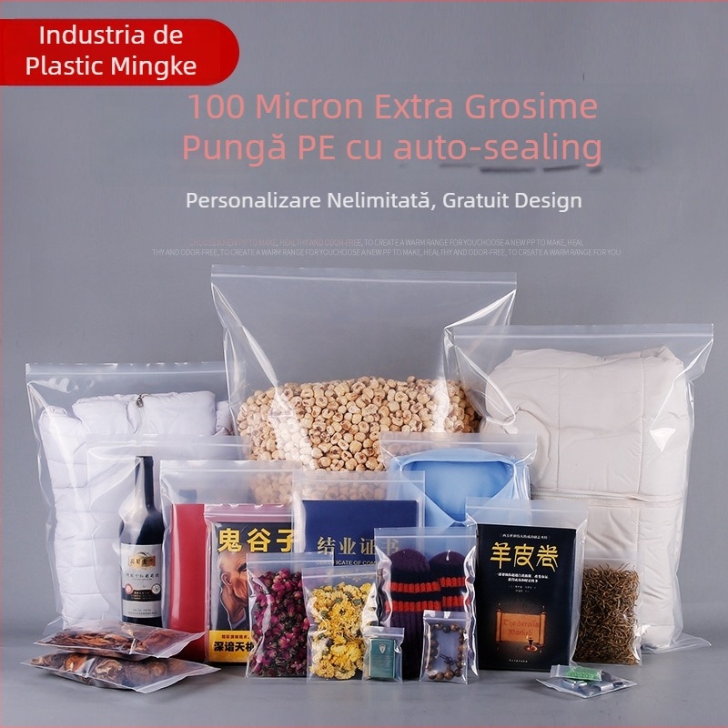 Pungă transparentă impermeabilă pentru ambalarea hainelor, cu sigilare automată, lungimea sigiliului 1,5 cm, toleranță 1–3 mm, din material nou.