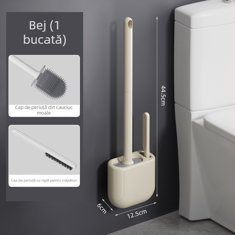 Set perie toaletă din silicon cu mâner lung și suport pe perete – curățare multifuncțională