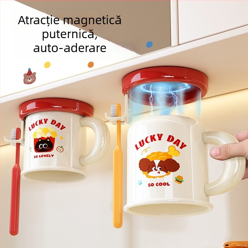 Raft de depozitare pentru periuța de dinți și pahar, montare pe perete, fără găuri, prindere magnetică, model C4274, ABS plastic, personalizare disponibilă și imprimare logo
