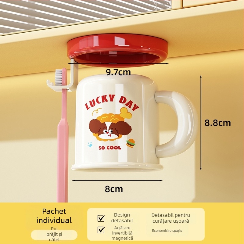 Raft de depozitare pentru periuța de dinți și pahar, montare pe perete, fără găuri, prindere magnetică, model C4274, ABS plastic, personalizare disponibilă și imprimare logo