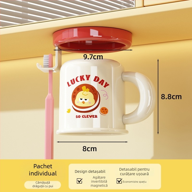 Raft de depozitare pentru periuța de dinți și pahar, montare pe perete, fără găuri, prindere magnetică, model C4274, ABS plastic, personalizare disponibilă și imprimare logo