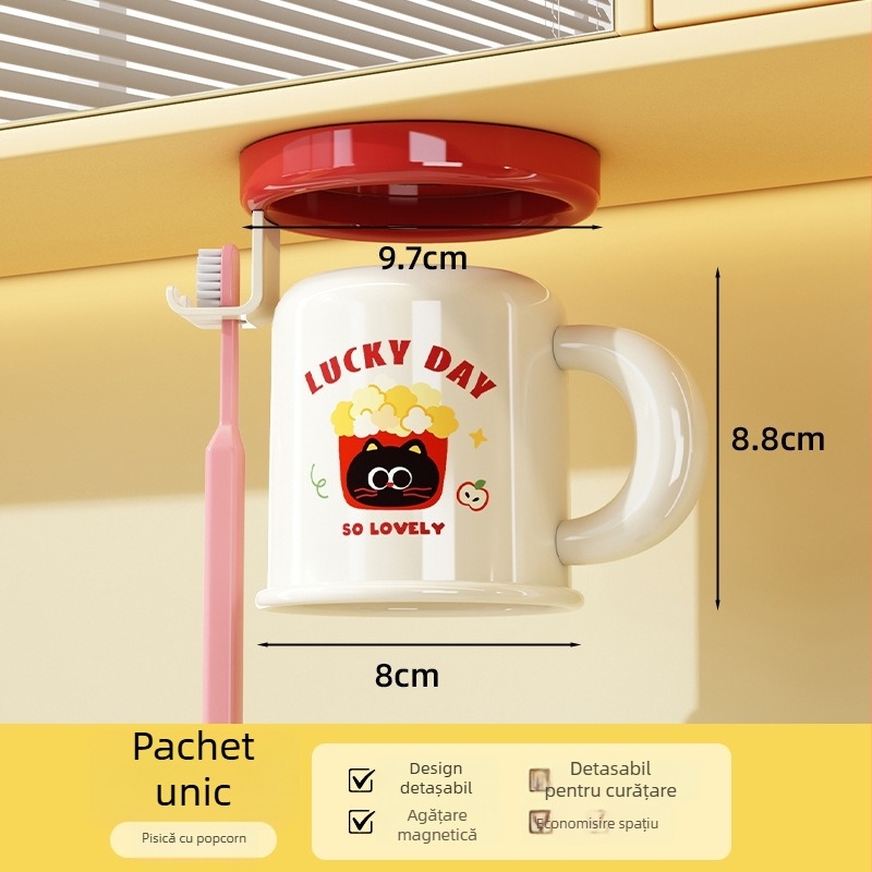 Raft de depozitare pentru periuța de dinți și pahar, montare pe perete, fără găuri, prindere magnetică, model C4274, ABS plastic, personalizare disponibilă și imprimare logo