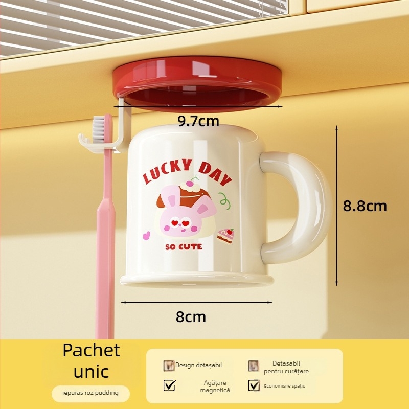 Raft de depozitare pentru periuța de dinți și pahar, montare pe perete, fără găuri, prindere magnetică, model C4274, ABS plastic, personalizare disponibilă și imprimare logo