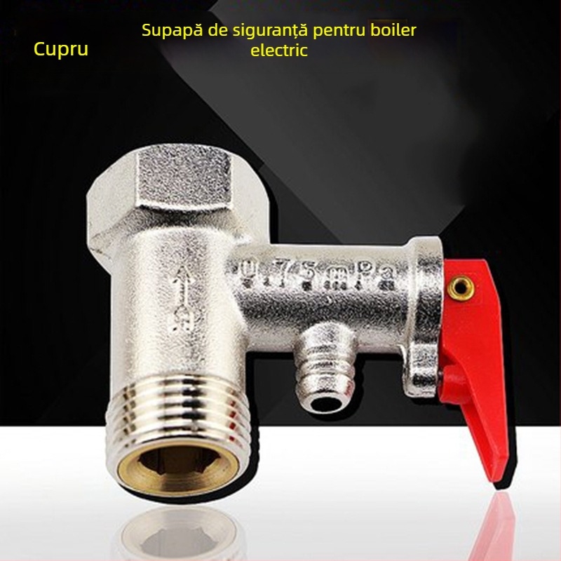 Valvă de siguranță pentru boiler electric, filet DN15, port 20 mm, debit 20 L/min, presiune de lucru 0,8 MPa, apă caldă până la 90°C.