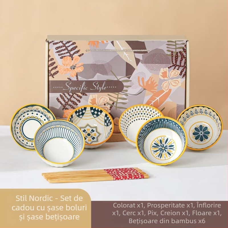 Set de boluri ceramice Nordic, cutie cadou, 12 bucăți, model floral, sub glazură