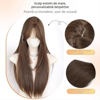 Perucă pentru femei, păr lung drept — stil natural, fibre rezistente la temperaturi înalte, fabricație mecanică