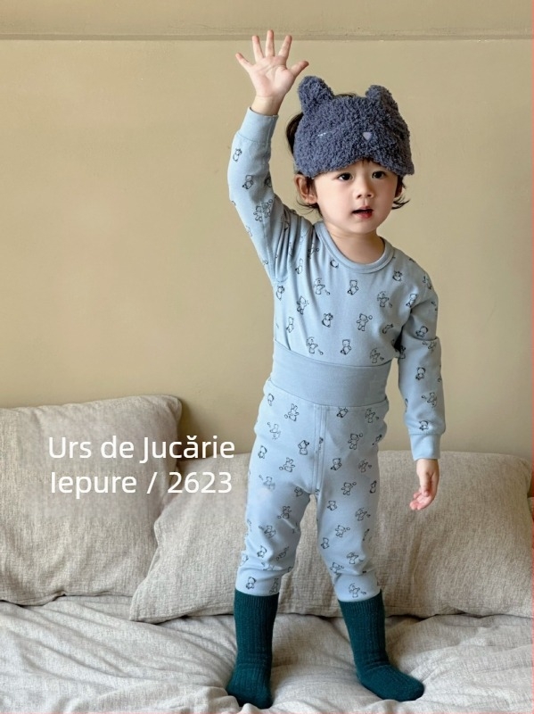 Set termic pentru copii din bumbac, toamnă-iarnă, două piese (sus/jos), material elastic, talie înaltă pentru protecția abdomenului, pijama confortabilă