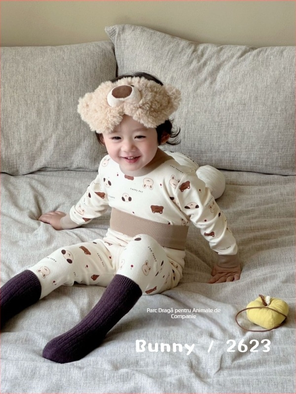 Set termic pentru copii din bumbac, toamnă-iarnă, două piese (sus/jos), material elastic, talie înaltă pentru protecția abdomenului, pijama confortabilă