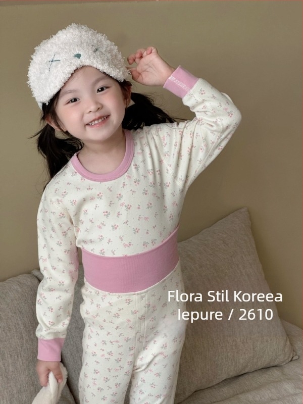 Set termic pentru copii din bumbac, toamnă-iarnă, două piese (sus/jos), material elastic, talie înaltă pentru protecția abdomenului, pijama confortabilă