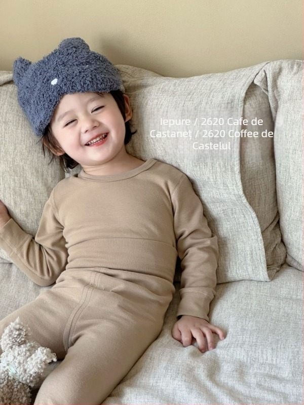Set termic pentru copii din bumbac, toamnă-iarnă, două piese (sus/jos), material elastic, talie înaltă pentru protecția abdomenului, pijama confortabilă