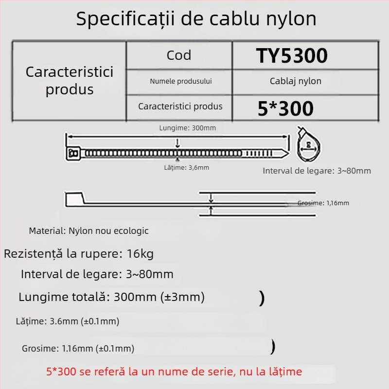 Legături auto-închise pentru cabluri din nylon, interval 3-80 mm, tracțiune aproximativ 15 kg, material nylon ecologic