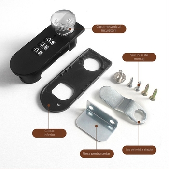 Încuietoare mecanică cu combinație rotativă pentru sertare și dulapuri | Distanța între tijă 14 mm | Material: aliaj de zinc și plastic