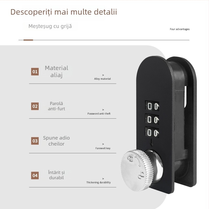 Încuietoare mecanică cu combinație rotativă pentru sertare și dulapuri | Distanța între tijă 14 mm | Material: aliaj de zinc și plastic