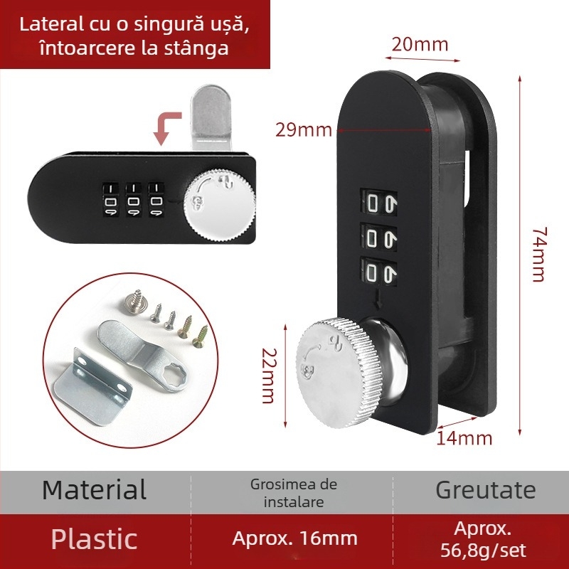 Încuietoare mecanică cu combinație rotativă pentru sertare și dulapuri | Distanța între tijă 14 mm | Material: aliaj de zinc și plastic
