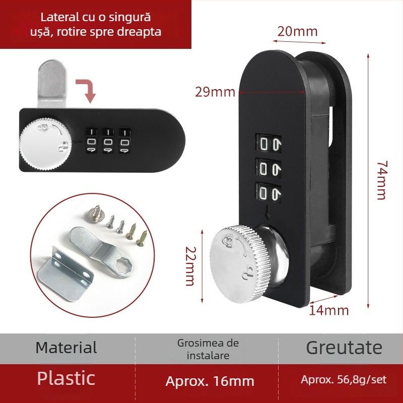 Încuietoare mecanică cu combinație rotativă pentru sertare și dulapuri | Distanța între tijă 14 mm | Material: aliaj de zinc și plastic