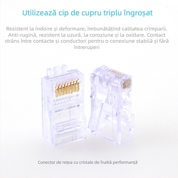 Conector RJ45 cu cap cristal, 8P8C, Model Super Five 100, Brand Minjing, Ambalaj 100 bucăți pentru cablare în rețea