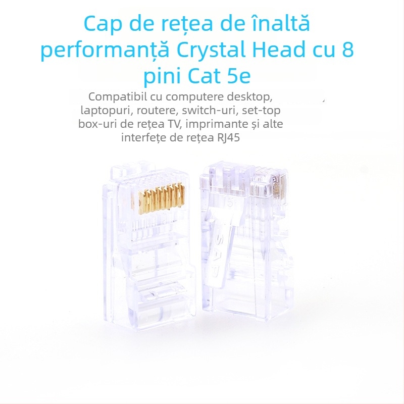 Conector RJ45 cu cap cristal, 8P8C, Model Super Five 100, Brand Minjing, Ambalaj 100 bucăți pentru cablare în rețea