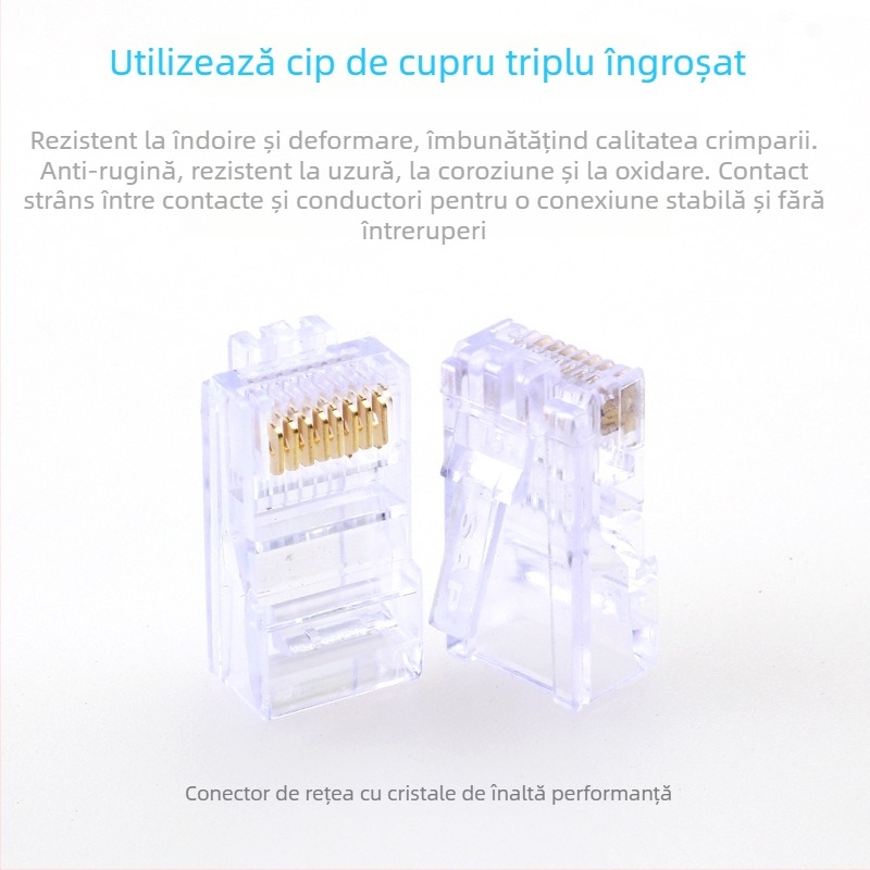 Conector RJ45 cu cap cristal, 8P8C, Model Super Five 100, Brand Minjing, Ambalaj 100 bucăți pentru cablare în rețea