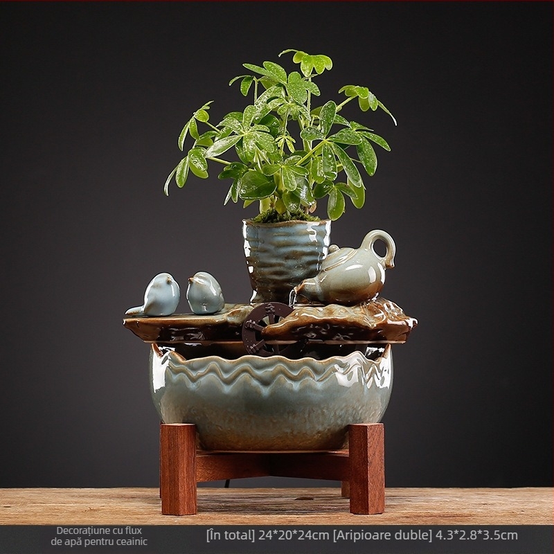 Fântână decorativă ceramică pentru birou, stil chinezesc nou, pictură manuală, glazurată, cu circulația apei (Ceramică; Pictură manuală; Glazură; Stil chinezesc nou; Circulația apei)