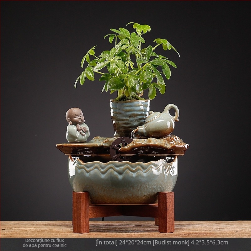 Fântână decorativă ceramică pentru birou, stil chinezesc nou, pictură manuală, glazurată, cu circulația apei (Ceramică; Pictură manuală; Glazură; Stil chinezesc nou; Circulația apei)