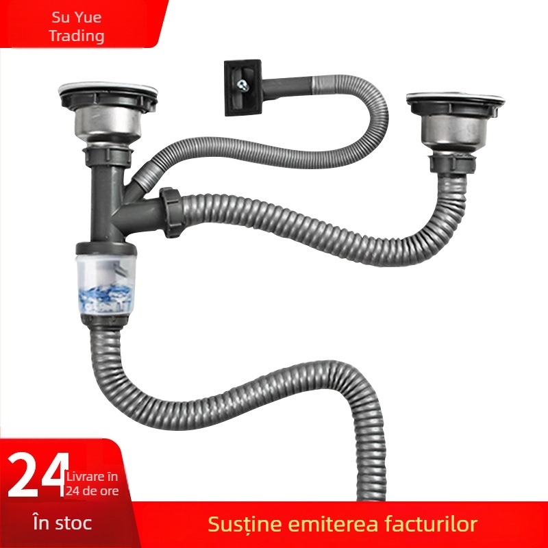 Kit de conducte de scurgere din plastic pentru chiuveta de bucătărie — curbă în S, tip pull, compatibil cu slot unic sau slot dublu, stil modern minimalist