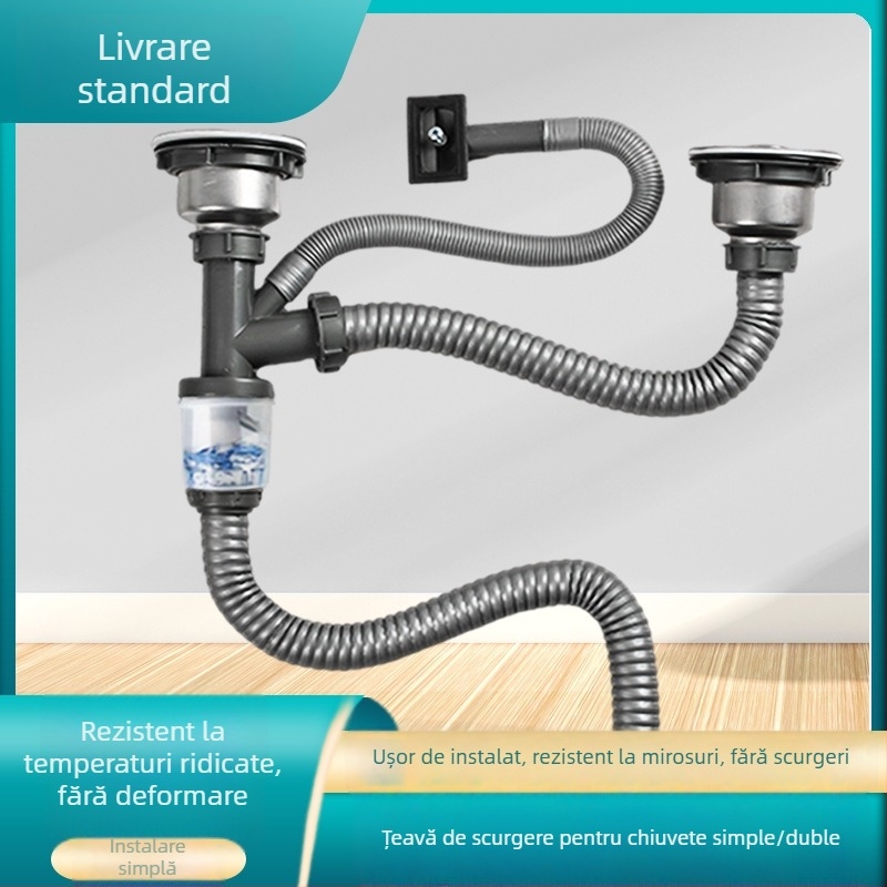 Kit de conducte de scurgere din plastic pentru chiuveta de bucătărie — curbă în S, tip pull, compatibil cu slot unic sau slot dublu, stil modern minimalist