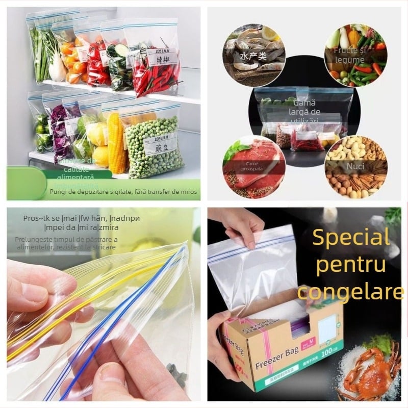 Pungi pentru prospețime cu sigilare pentru frigider, Aishangla, plastic, set 100 bucăți, sigilate, -60°C până la 100°C
