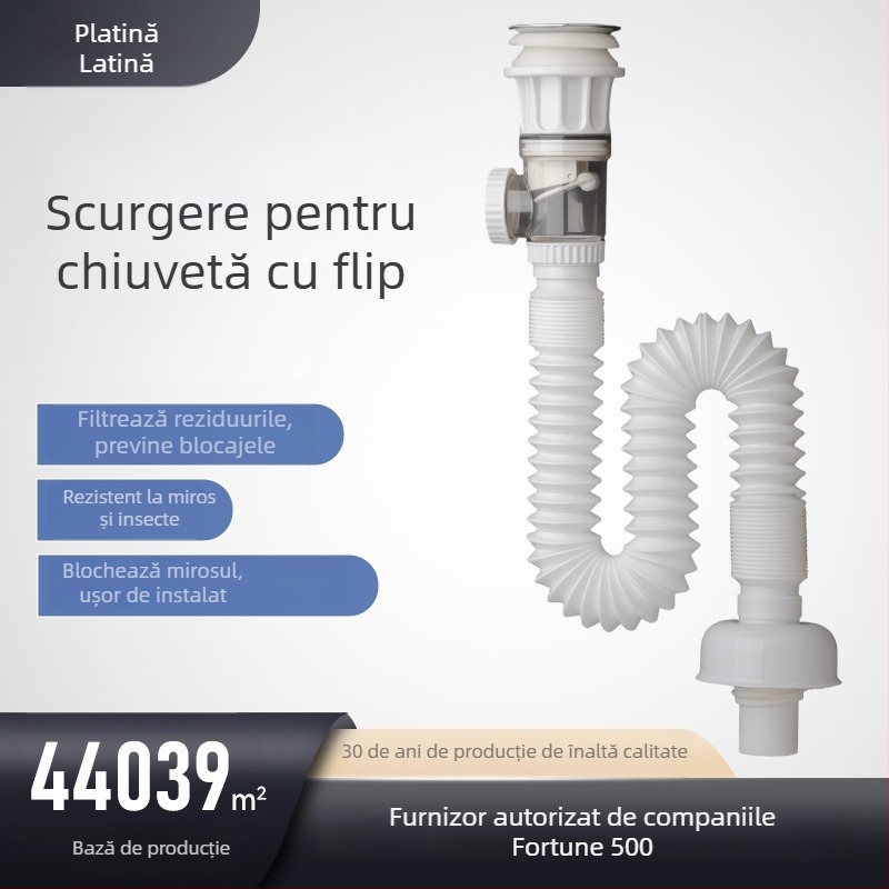 Drenaj tip flip pentru chiuveta de baie, material ABS și oțel inoxidabil, formă S, stil modern minimalist