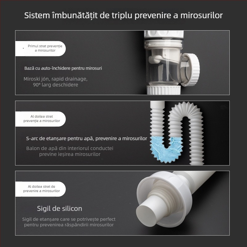 Drenaj tip flip pentru chiuveta de baie, material ABS și oțel inoxidabil, formă S, stil modern minimalist