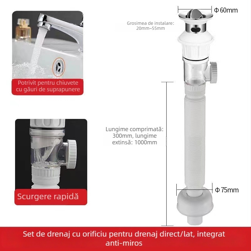 Drenaj tip flip pentru chiuveta de baie, material ABS și oțel inoxidabil, formă S, stil modern minimalist
