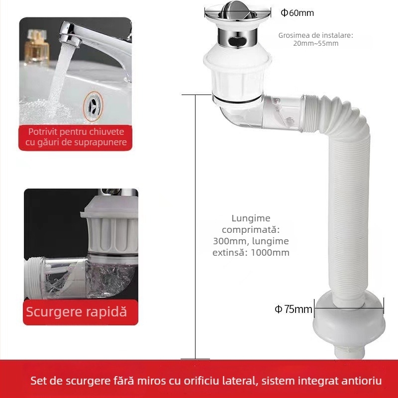 Drenaj tip flip pentru chiuveta de baie, material ABS și oțel inoxidabil, formă S, stil modern minimalist