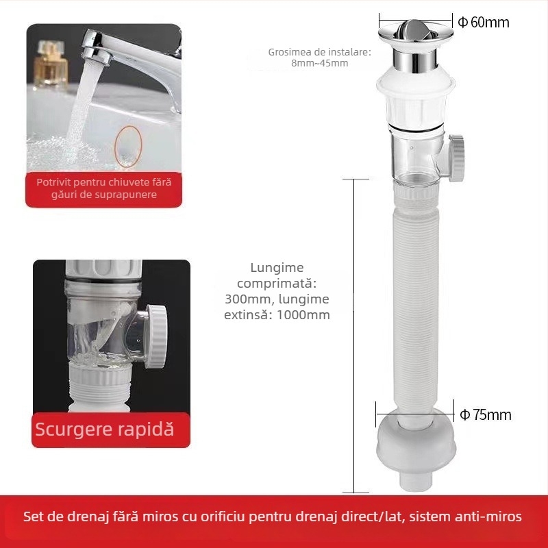 Drenaj tip flip pentru chiuveta de baie, material ABS și oțel inoxidabil, formă S, stil modern minimalist