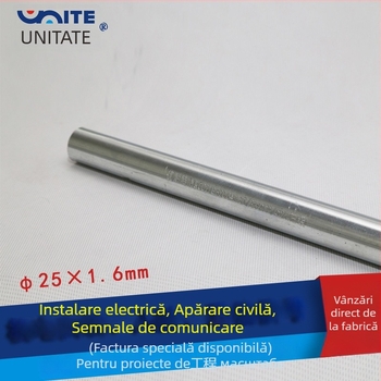 Unite conductă metalică galvanizată pentru cabluri electrice, cu filet, 25×1.5, diametru interior 23,5 mm, diametru exterior 25 mm, material Q235, prelucrat mecanic