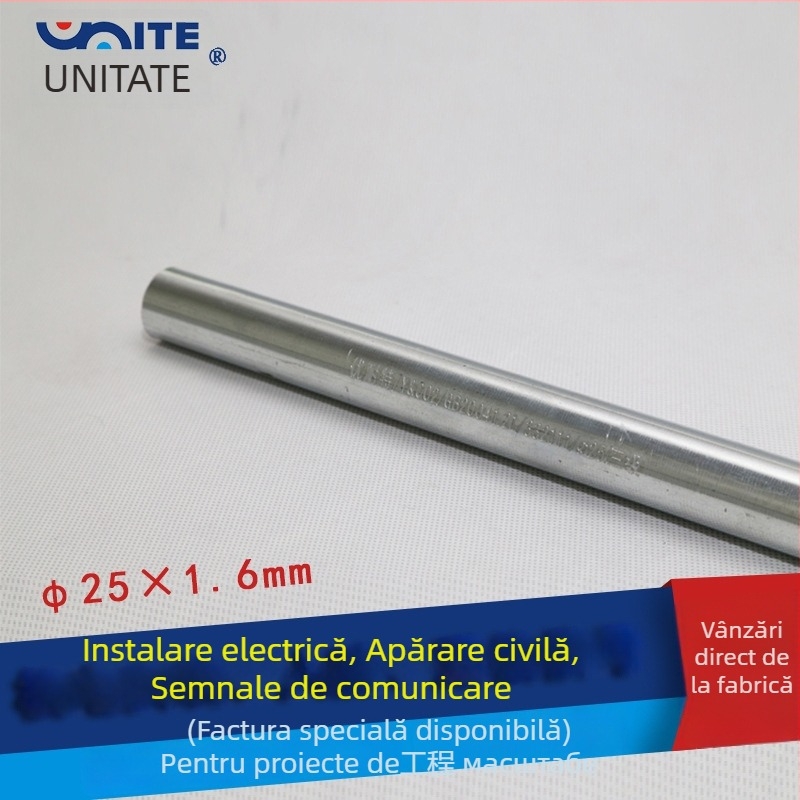 Unite conductă metalică galvanizată pentru cabluri electrice, cu filet, 25×1.5, diametru interior 23,5 mm, diametru exterior 25 mm, material Q235, prelucrat mecanic