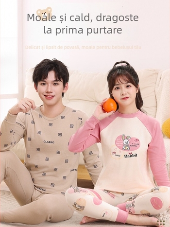 Set termic din bumbac 100% pentru copii – unisex, guler rotund, pentru toamnă/iarnă, strat de bază călduros