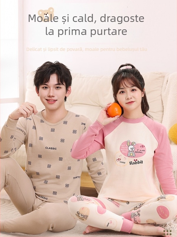 Set termic din bumbac 100% pentru copii – unisex, guler rotund, pentru toamnă/iarnă, strat de bază călduros