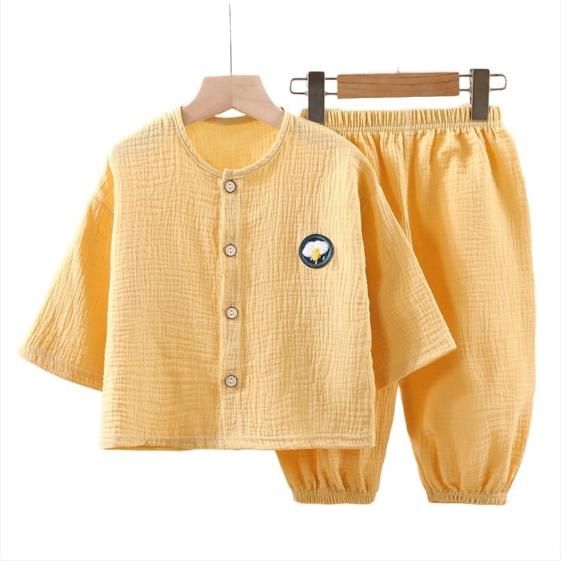 Pijamale pentru copii din bumbac curat, cu gază dublă subțire, unisex, tricou cu mâneci lungi și pantaloni cu croială lantern, absorbante de transpirație, pentru copii 3–8 ani