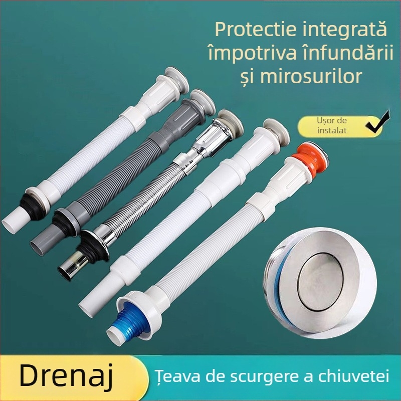 Set integrat de conductă de scurgere pentru chiuveta de baie, ABS, P-trap, capac rabat, design cu un singur ansamblu