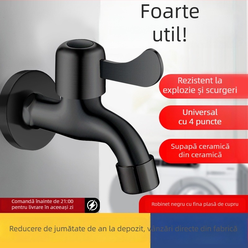 Robinet negru pentru mașina de spălat, 4 conexiuni, din oțel inoxidabil 304, montaj pe perete, doar rece, deschidere rapidă, robinet cu disc ceramic (304 SS, 0–90°C, montaj pe perete, 4 conexiuni)