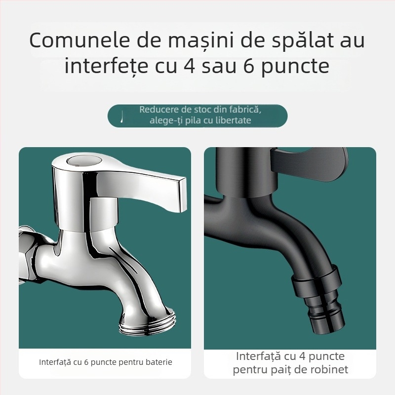 Robinet negru pentru mașina de spălat, 4 conexiuni, din oțel inoxidabil 304, montaj pe perete, doar rece, deschidere rapidă, robinet cu disc ceramic (304 SS, 0–90°C, montaj pe perete, 4 conexiuni)