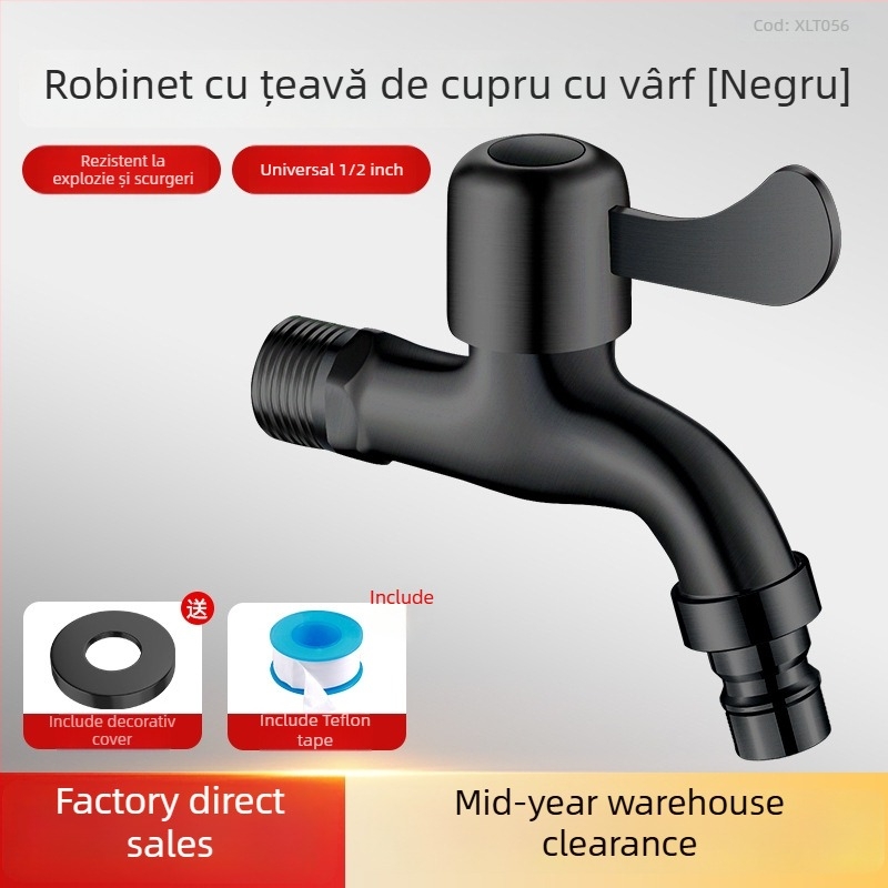 Robinet negru pentru mașina de spălat, 4 conexiuni, din oțel inoxidabil 304, montaj pe perete, doar rece, deschidere rapidă, robinet cu disc ceramic (304 SS, 0–90°C, montaj pe perete, 4 conexiuni)